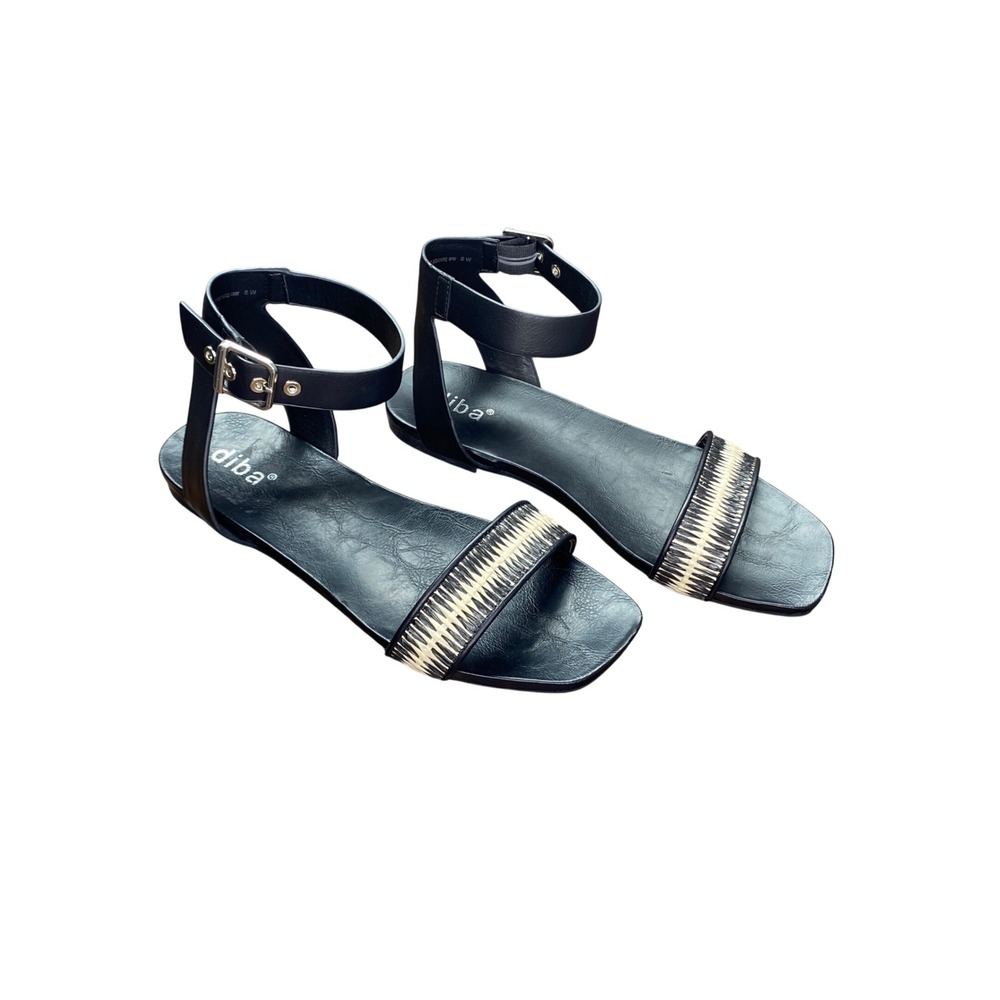 Diba‎ Raffia-N Black Ankle Strap Flat Sandals Square Toe Woven Geometric 8W